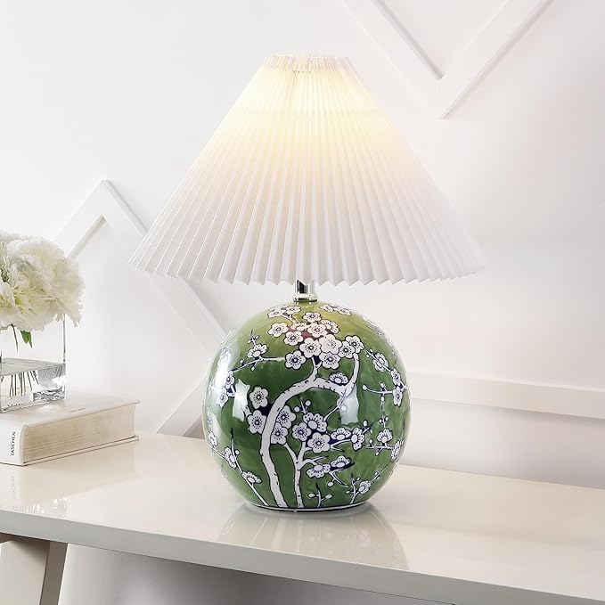 JONATHAN Y JYL5056A Shishen 19.5" Cottage Classic Chinoiserie Ceramic Orb LED Table Lamp with Pleated Shade, Green/White for Bedroom, Living Room, Kitchen, Home Office, Kids Room - Bloomnest