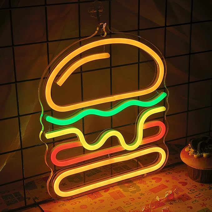Attivolife Hamburger Neon Sign for Wall Decor, Light up Delicious Food Hamburg LED Lamp with Dim USB Powered, Unique Business Fast Food Shop Restaurant Decoration, Christmas Day Birthday Party - Bloomnest