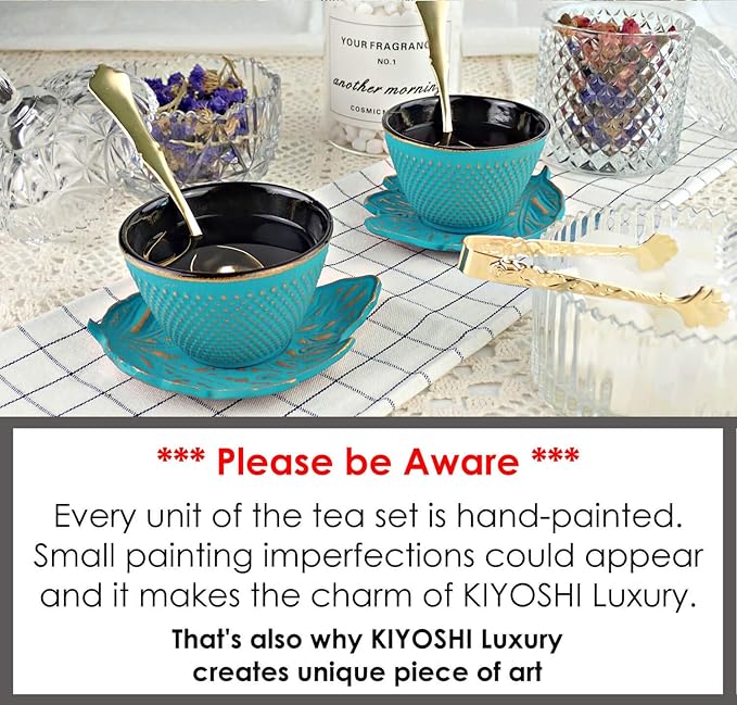 7PC Japanese Tea Set."Turquoise Koi" Cast Iron Tea Pot with 2 Tea Cups, 2 Saucers, Loose Tea Infuser and Teapot Trivet. Ceremonial Matcha Accessories
