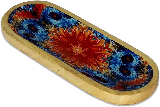 Bless-International Traditional-Handmade-Tray-Burner Wooden-Trat-Incense-Stick-Holder Ash-Catcher-Stand for-Aromatherapy-Meditation-Yoga (Abstract Flowers, 11x4x1.22 Inches) - Bloomnest
