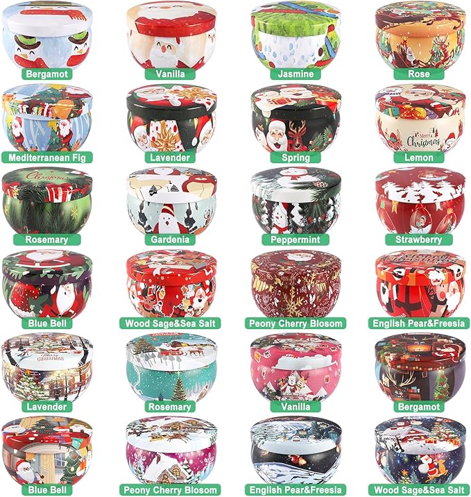 24Pack Christmas Scented Candle Tins Gift Set - Soy Wax Festive Aromatherapy Candles 2.5oz- Smokeless Long Lasting Burn time for Christmas Gifts Holiday Decor & Gifting. - Bloomnest
