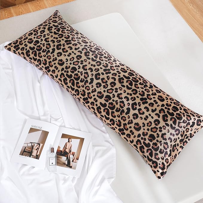 MR&HM Satin Body Pillow Cover, Soft and Breathable Body Pillow Case with Envelope Closure, Cooling and Silky Long Pillowcase for Hair and Skin,Grey (20x54, Brown Leopard) - Bloomnest