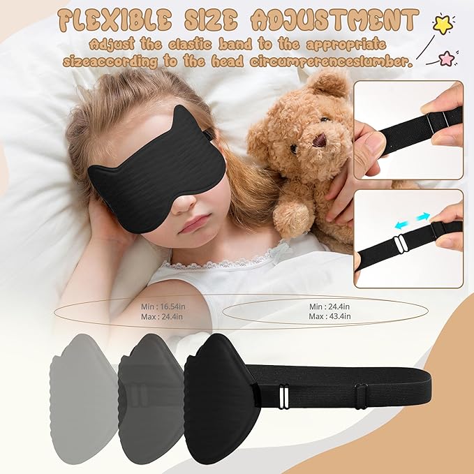 Kids Sleep Mask Eye Mask: 3D Contoured Cup Sleeping Masks, Blindfold with Adjustable Strap, Kids Eye Cover for Boys, Girls, Teens, Pressure-Free with Memory Foam Face Mask for Sleeping (Black) - Bloomnest
