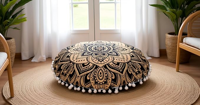 CRAFT KALA 22" Bohemian Floor Pillow Pouf Cover Mandala Boho Large Round Meditation Room Pillow Covers for Adults Seating Poufs Cushion Cover for Kids Playroom Black Gold Flower - Bloomnest