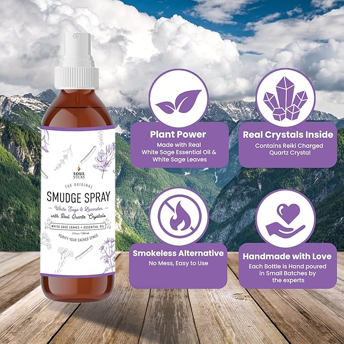 SOUL STICKS White Sage & Lavender Smudge Spray – 3.5oz Smokeless Mist with Quartz Crystals – Calming Essential Oil Spray for Sleep, Stress Relief, Meditation, and Energy Cleansing SoulSticks