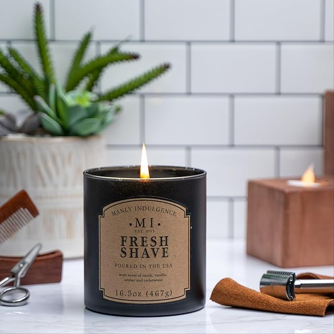 Manly Indulgence Fresh Shave Jar Candle 16.5 oz - Musk, Vanilla & Bergamot - Woodsy Amber & Cedarwood - Up to 60 Hour Burn - Soy Blend Wax, USA Poured - Bloomnest
