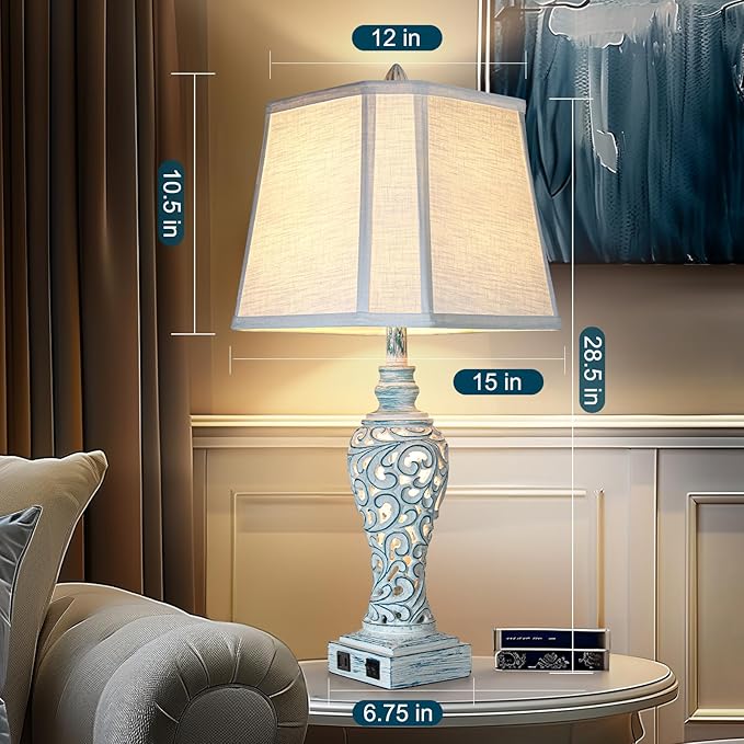 Table Lamp Bedside Lamps Set of 2, 28.5'' Luxsight Farmhouse Table Lamps for Bedroom, Lamps for Nightstands with Night Lights, with USB C+A Ports, Rustic Lamp for Living Room, Bulb Included - Bloomnest