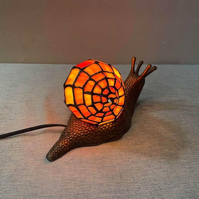 Bieye L10963 Land Snail Tiffany Style Stained Glass Accent Table Lamp for Home Decoration (Orange, 10" D x 5" W x 5" H) - Bloomnest