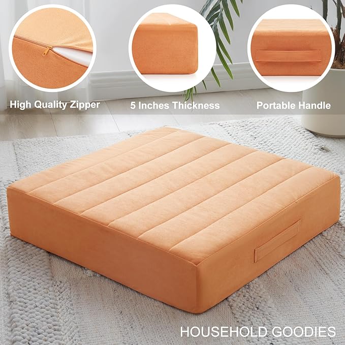 22 inches Floor Pillow for Adults - Large Meditation Cushion with Thick Foam & Soft Tufted Cover - Premium Outdoor Square Floor Cushion Seat - Yoga Pillows for Sitting On Floor - Orange - Bloomnest