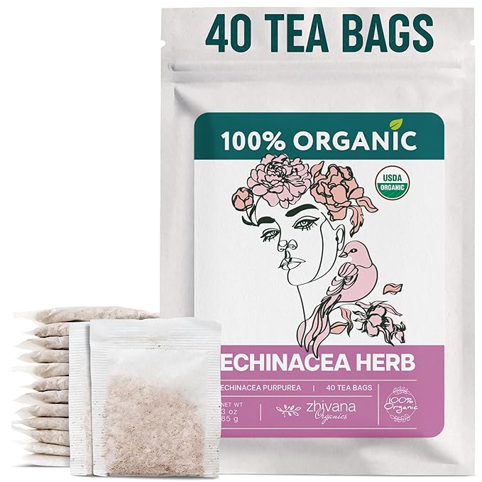 Echinacea Tea Organic (40 Tea Bags) - 100% Pure Natural Immunity Support - Equinacea Organica - Herbal Infusion - Caffeine-Free - Bloomnest