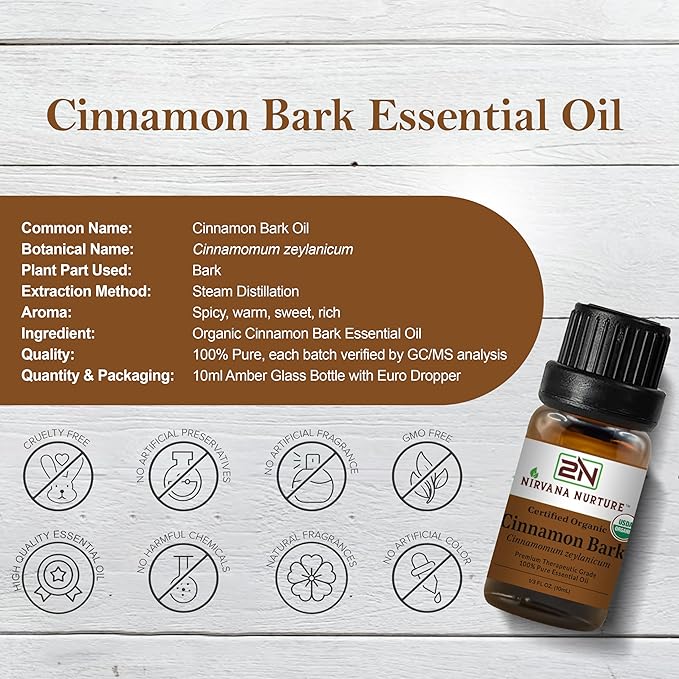 Cinnamon Bark Essential Oil, USDA Certified Organic, 100% Pure Undiluted, Aromatherapy Oil for Diffuser, Hair & Skin Care NirvanaNurture