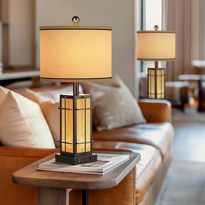 Black Table Lamps Set of 2, 24" Farmhouse Lamps for Living Room with USB C+A Ports, Industrial Retro Lamps for Bedroom, Nightstand Light Fixture, 2 Bulbs Included - Bloomnest