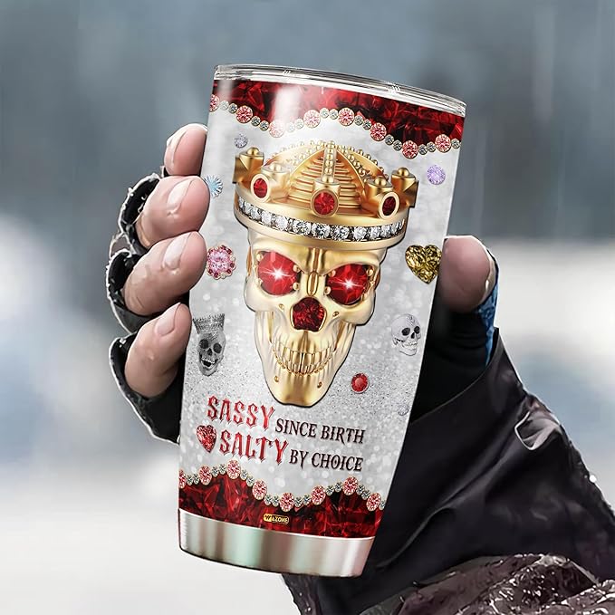 WAZONE Personalized Jewelry Crown Skull Tumbler With Lid Custom Name Sassy Since Birth Salty By Choice Insulated Stainless Steel 20oz 30oz TravelHalloween Themed Gift For Women Men - Bloomnest