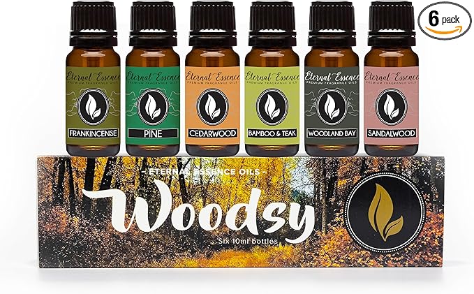 Eternal Essence Oils Woodsy Premium Fragrance Oils Set - Including Pine, Cedar Wood, Sandalwood, Bamboo & Teak, Woodland Bay and Frankincense - Rustic and Woody Scented Oils (6 Pack) - Bloomnest