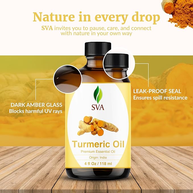 SVA Turmeric Essential Oil – 4 Fl Oz – 100% Natural Turmeric Oil - for Diffuser, Hair Care, Face, Skin Care, Aromatherapy, Scalp and Body Massage, Soap and Candle Making – with Dropper - Bloomnest