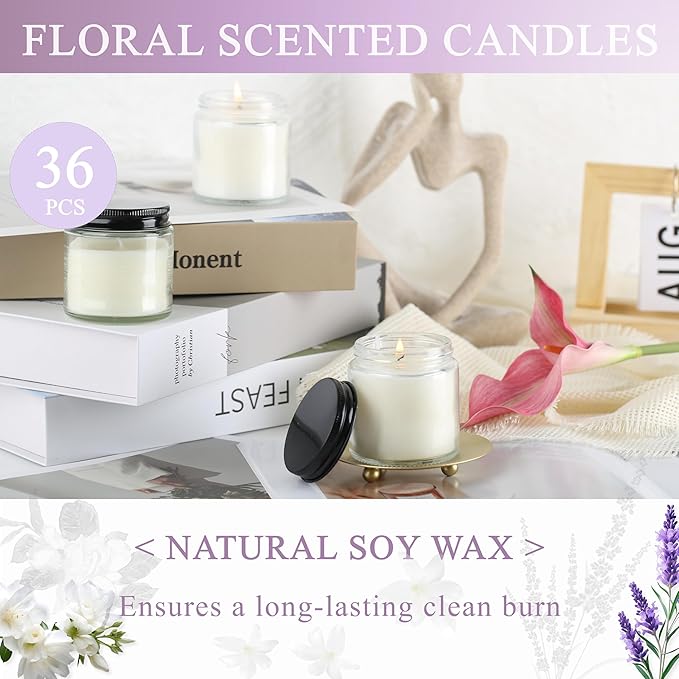 ACITHGL 36 Pcs 4oz Mini Mason Jar Candles Small Scented Candles Bulk Aromatherapy Ideal Souvenir Favors for Wedding Birthday Party (Freesia, Lavender, Jasmine, Black) - Bloomnest
