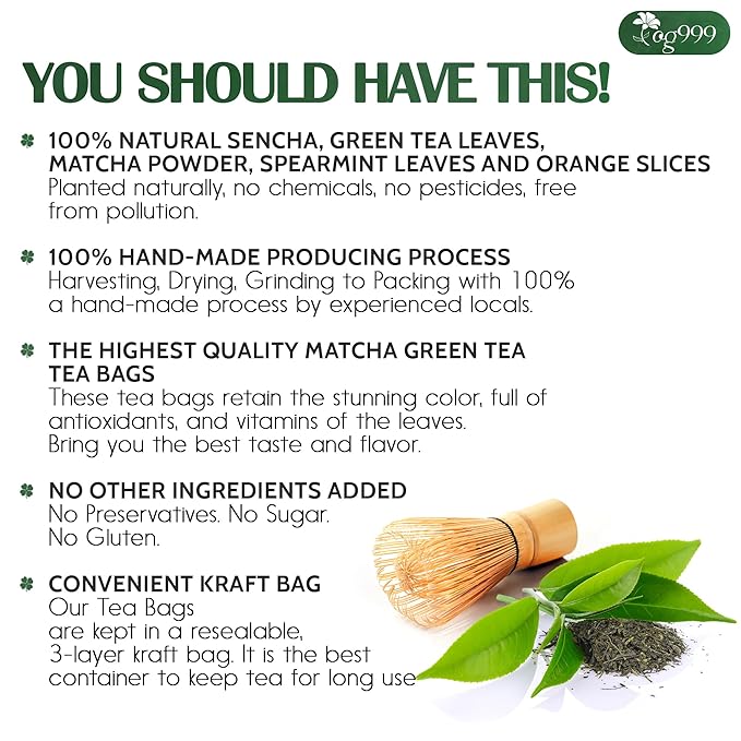 TOG999, Premium Matcha Green Tea Bags | 120 Count | Blend of Sencha, Green Tea, Spearmint & Orange Slices – Refreshing Flavor, Naturally Vibrant, No Gluten. Vegan. - Bloomnest