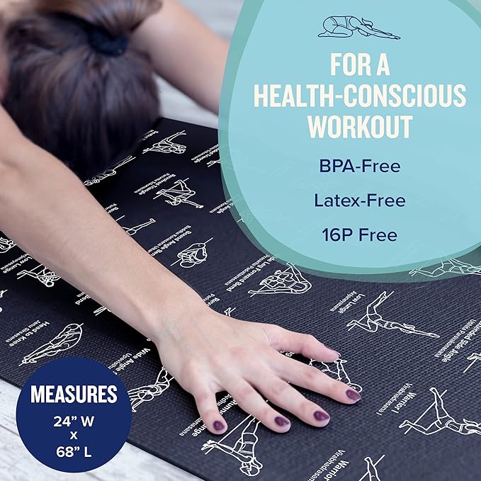 NewMe Fitness Yoga Mat for Women and Men - Large, 5mm Thick, 68 Inch Long, Non Slip Exercise Mats w/ 70 Printed Yoga Poses for Pilates, Workout and Stretching - Home and Gym Essentials - Bloomnest