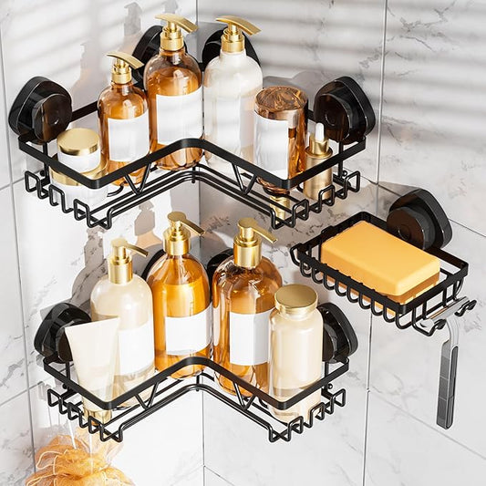 KEGII Corner Shower Caddy Suction Cup, Corner Shower Shelves with Soap Holder, No Drilling Suction Cup Bathroom Organizer with Hooks, Removable Bathroom Storage Rack, 3 Pack - Black - Bloomnest