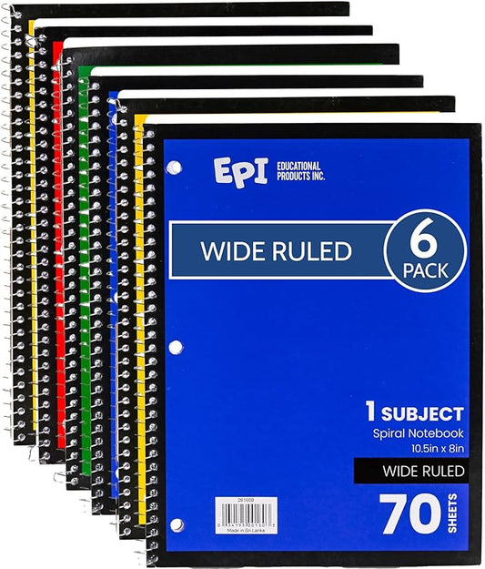EPI Spiral Notebook | Wide - 70 Sheets, Durable Spiral Binding | 10.5 x 8 in | Classroom Supplies | School, Office, Note Taking, Journaling - 6 Pack - Bloomnest