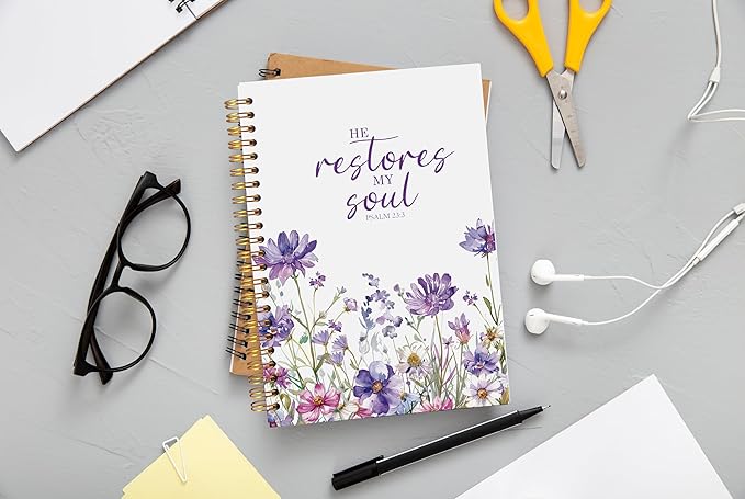 Christian Notebook for Women, Christian Art Gifts Journal, Prayer Journal for Women, Bible Journaling Notebook, PSALM 23:3 He Restores My Soul Floral Spiral Notebook 5.5x8.3 - Bloomnest