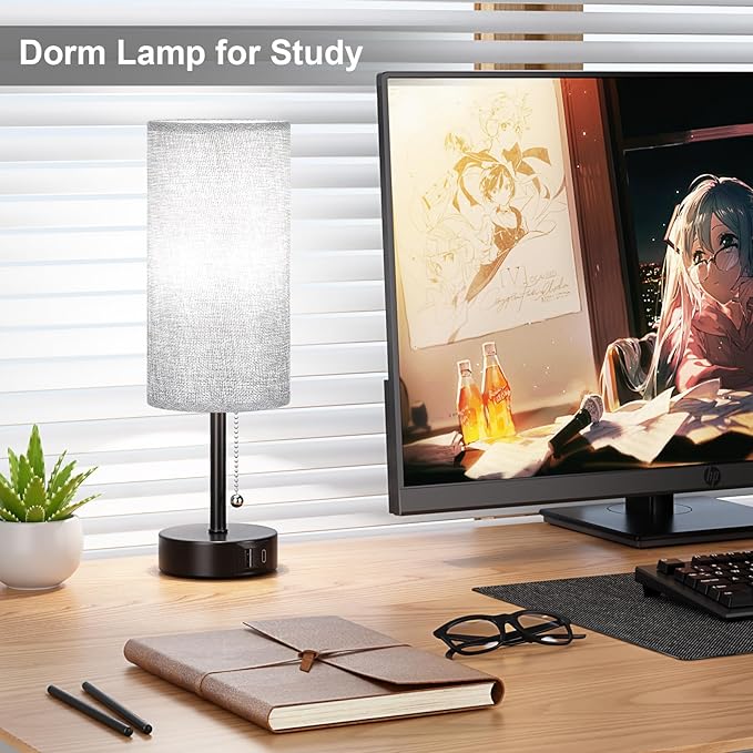 Grey Bedside Lamps for Bedroom Set of 2 - Nightstand Table Lamp with USB A + C Charging Port, 3 Color Temperatures Pull Chain Night Stand Light, Side Table Desk Reading Lamp for Living Room/Dorm Room - Bloomnest