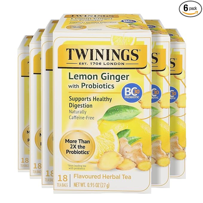 Twinings Superblends Probiotics+ Lemon & Ginger Flavoured Herbal Tea with Turmeric, Naturally Caffeine-Free, 18 Tea Bags (Pack of 6), Enjoy Hot or Iced, 108 Teabags - Bloomnest