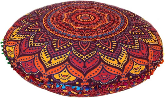 INDIAN CRAFT CASTLE New Orange Ombre 24" Mandala Barmeri Large Floor Pillow Cover Cushion Meditation Seating Ottoman Throw Cover Hippie Decorative Zipped Bohemian Pouf Ottoman Pom Pom Cases 24" Round - Bloomnest