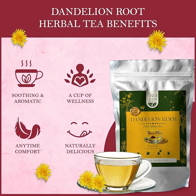 Tealeaf & Co. Dandelion Root Tea with Dried Dandelion Root Extract - Pure Herbal Tea Bags Blended with Fresh Herbs - Flavored Herbal Blend - Low Caffeine - Gluten Free - 50 Teabags - Bloomnest