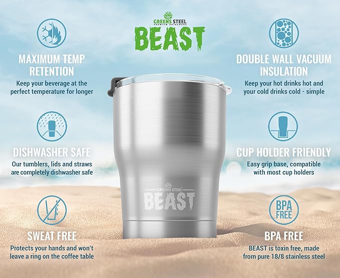 Beast 10 oz Tumbler Stainless Steel Vacuum Insulated Coffee Ice Cup Double Wall Travel Flask (Steel) - Bloomnest