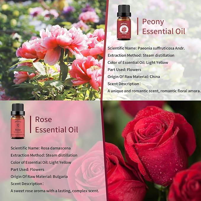 yethious Rose Essential Oil Organic Flower Natrual Peony Essential Oil for Diffuser, Skin Care, Soap/Candles Making - 2 X 10ML Essential Oil Set Gift - Bloomnest