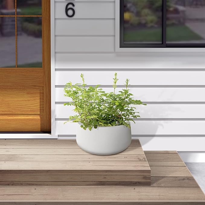 Kante 15.7" Dia Round Concrete Planter, Outdoor Indoor Garden Plant Pots with Drainage Hole and Rubber Plug, Modern Curvaceous Design, Pure White - Bloomnest