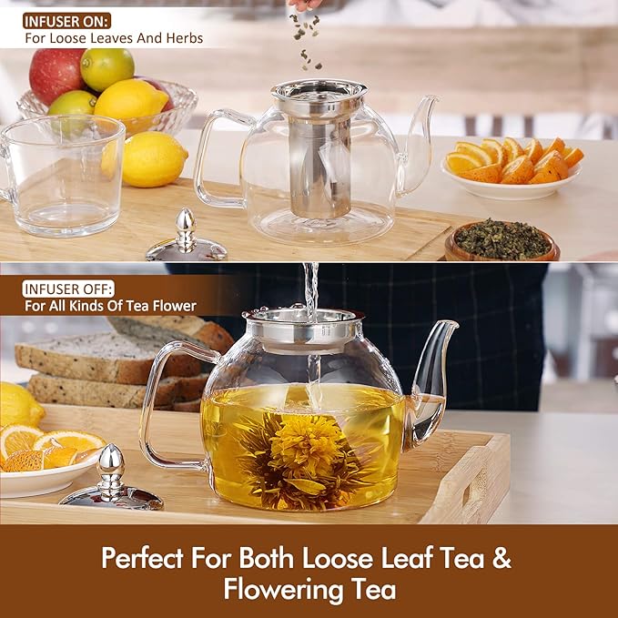HIWARE 1000ml Glass Teapot with Removable Infuser, Stovetop Safe Tea Kettle, Blooming and Loose Leaf Tea Maker Set - Bloomnest