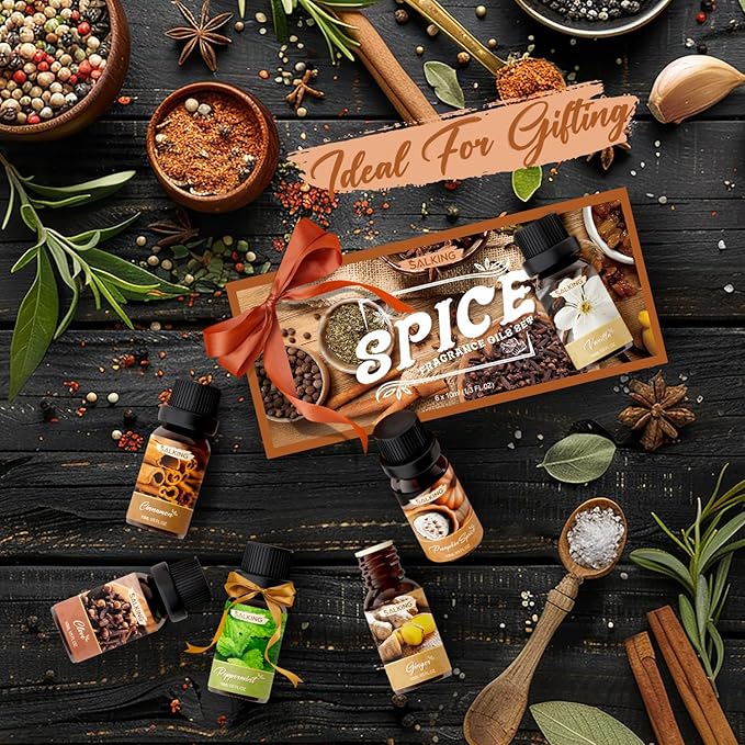 SALKING Spice Essential Oils, Premium Fragrance Oil for Diffuser, Scented Oil Gift Set for Soap Candle Making - Cinnamon, Clove, Vanilla, Pumpkin Spice, Peppermint, Ginger - Bloomnest