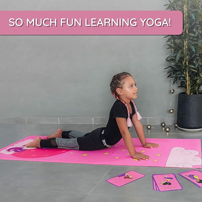 Kids Yoga Mat Set for Boys & Girls - Doll, Unicorn, Mermaid, Panda, Dinosaur and UnderWater - Chemical Free - Non-Toxic - Non-Slip - 60 X 24 X 0.2 Inches - w/ 12 Yoga Cards - Cute Carrier Bag - Ages 3-12 - Bloomnest