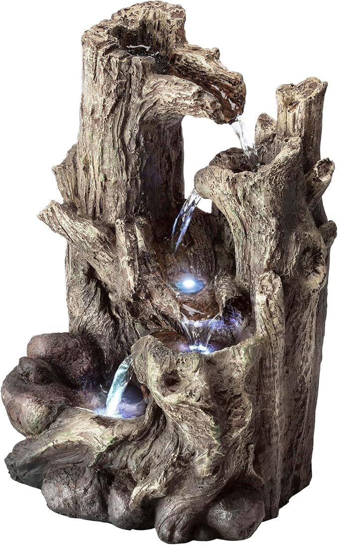 Alpine Corporation WIN786S Indoor 5 Tiered Rainforest Tree Trunk Tabletop Waterfall Fountain with LED Lights, 14" Tall, Brown - Bloomnest