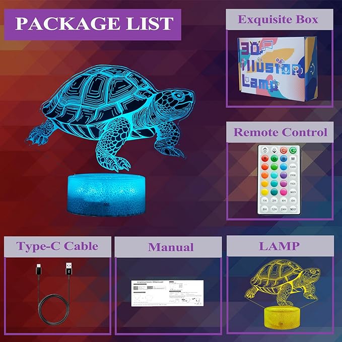 Tortoise Gifts for Men, Turtle Night Light with Remote Control, 16 Colors Changing, Timer, RGB Flashing Mode and Dimmable, Tortoise Gifts Stuff for Men Christmas Decor - Bloomnest