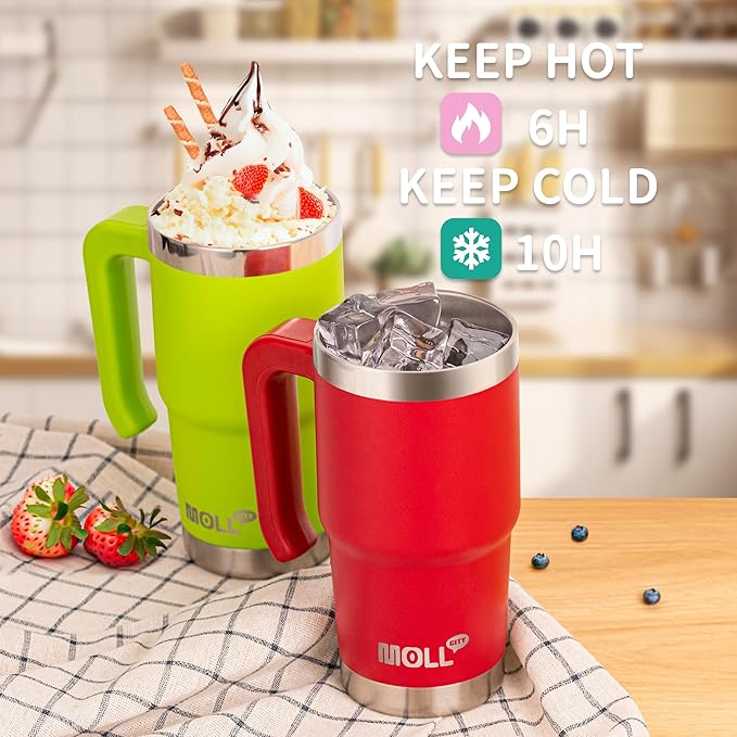 Travel Coffee Mug with Handle-16 oz Stainless Steel Vacuum Insulated Tumbler with Lid and Straw-Reusable Metal Cup with Silicone Pad, Leak Proof-BPA Free (Black) - Bloomnest