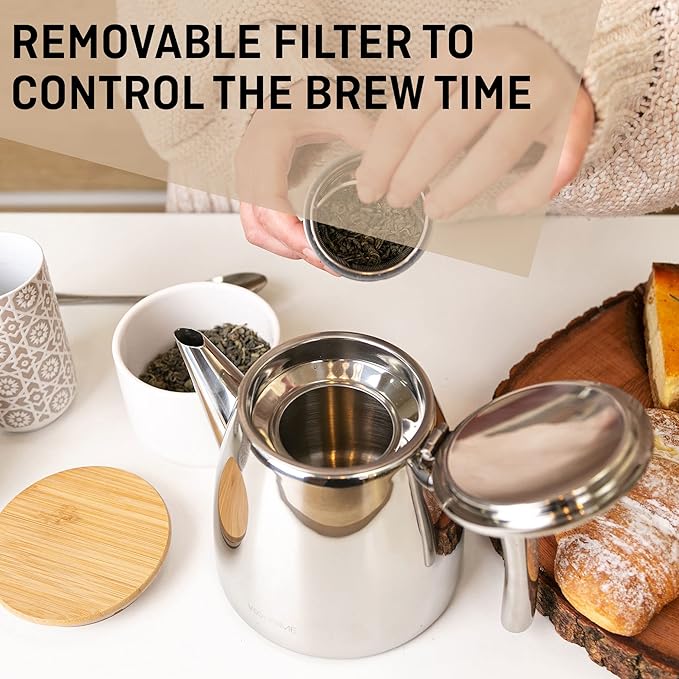 VeoHome Stainless Steel Tea Pot with Infuser - Keeps Heat Thanks to its Double Wall, Silver (1 Liter (34 oz))… - Bloomnest