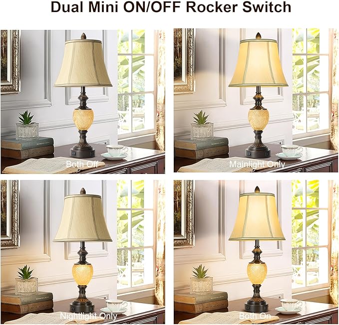 27'' High Vintage Table Lamp Set of 2 for Living Room Farmhouse Bedside Lamp with Fabric Shades Boho Nightstand Lamp with USB and Nightlight for Bedroom Home Office Hotel Bar (Bulb Included) - Bloomnest