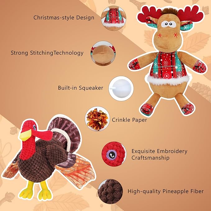 BWOGUE Thanksgiving Turkey Dog Toys Set, Stuffed Squeaky Turkey Dog Toy with Crinkle Paper, Christmas Plush Reindeer Squeaky Toy, Interactive Stuffed Chew Toys for Small Medium Large Dogs - Bloomnest