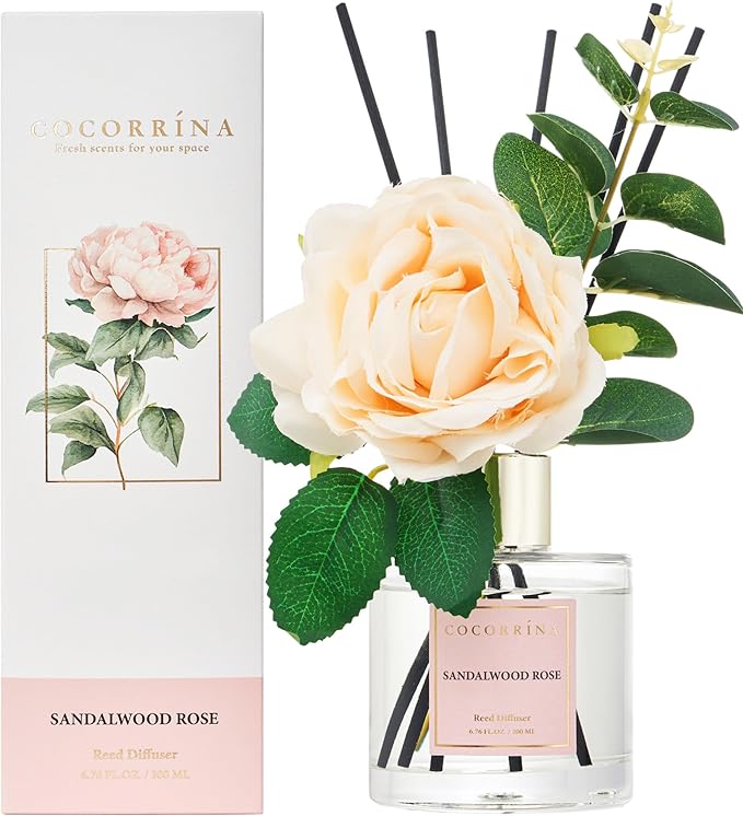 Cocorrina Reed Diffuser Set, Flower Reed Diffuser Sandalwood Rose 6.7 oz, Scented Diffuser with Sticks Home Fragrance Essential Oil for Bathroom Shelf Decor, Living Room, Large Room, 1pack - Bloomnest
