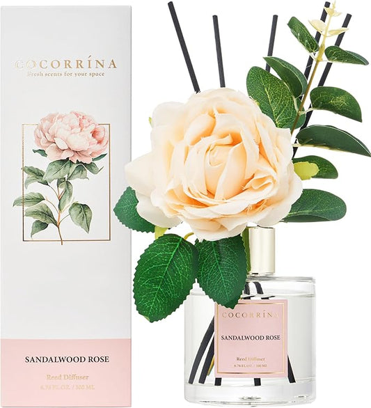 Cocorrina Reed Diffuser Set, Flower Reed Diffuser Sandalwood Rose 6.7 oz, Scented Diffuser with Sticks Home Fragrance Essential Oil for Bathroom Shelf Decor, Living Room, Large Room, 1pack - Bloomnest