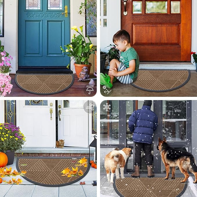 Smiry Half Circle Front Door Mat Outside Entrance, Heavy Duty Sturdy Natural Rubber Doormat, Trap Dirt and Moisture, Low Profile Mats for Indoor Outdoor Entry, Irregular Triangle (36x24, Brown) - Bloomnest