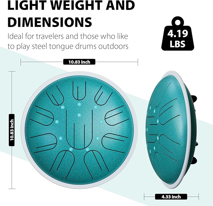 Steel Tongue Drum, 10 Inch 10 Notes Hanpan, G Major, Hand Pan Drums Mallets and Carry Bag, Malachite Green - Bloomnest