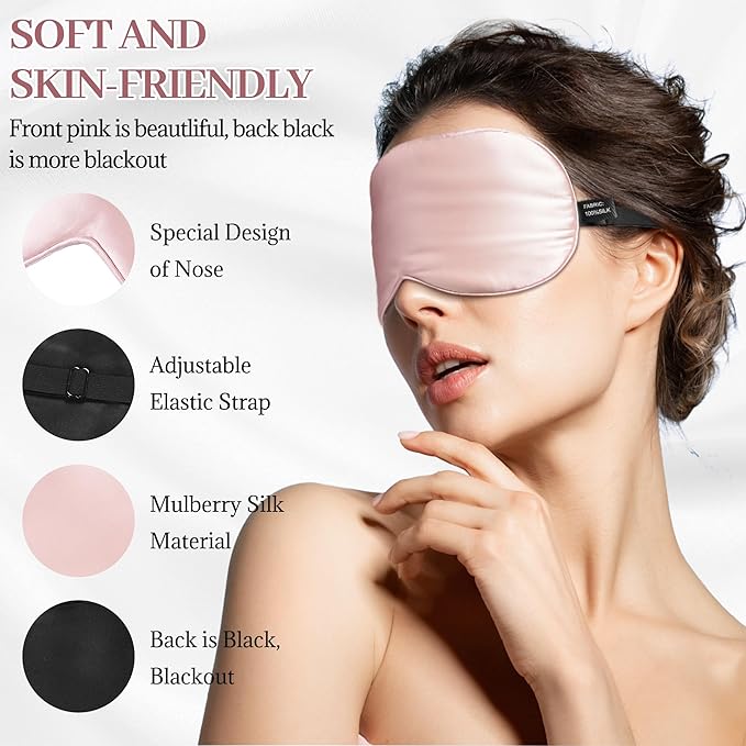 Silk Sleep Mask Eye Cover, 100% Mulberry Silk Women Men Eye Mask for Sleeping Blackout with Adjustable Straps, No Pressure Soft Blindfold Night Eye Shade, Eyemasks for Travel (Pink)