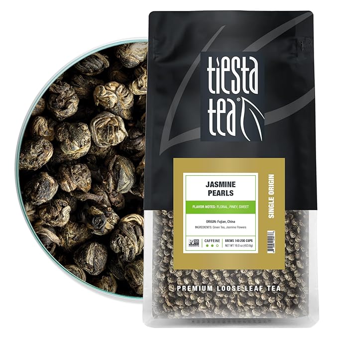 Tiesta Tea - Jasmine Pearls Green Tea, Loose Leaf, Single Origin Premium Jasmine from China, Pure Unblended Medium-Caffeinated Blend, Makes Hot or Iced & Up to 200 Cups, 16oz Resealable Bulk Pouch - Bloomnest