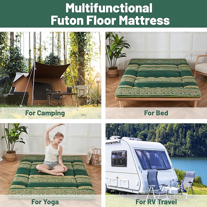 Japanese Floor Mattress, Futon Mattress with Portable Storage Bag and Washable Cover, Roll Up Thick Tatami Mat Suitable for Camping, Guest Room (Bohemian Green, Twin) - Bloomnest
