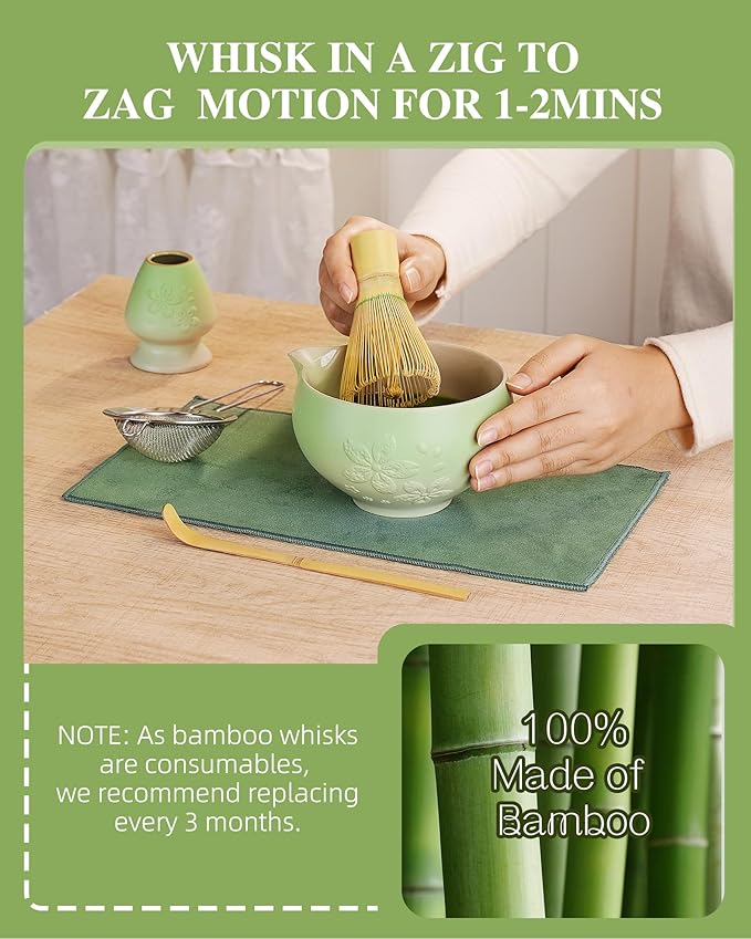 ZENS Matcha Whisk Set, Ceramic Matcha Tea Set with 15oz Sakura Bowl and Bamboo Whisk & Scoop, (Chasen Holder), Stainless Sifter-Tea Towel, 6pcs Matcha Kit for Matcha Lovers, Green - Bloomnest