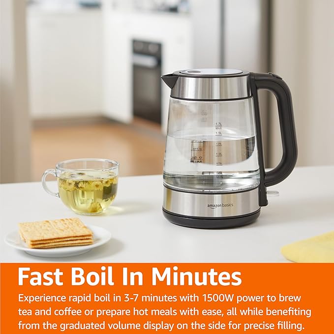 Amazon Basics Electric Kettle with Glass Carafe for Tea and Coffee, BPA-Free, Fast Boiling, Auto Shut-Off, 1.8 Quarts, 1500W, Black and Silver - Bloomnest